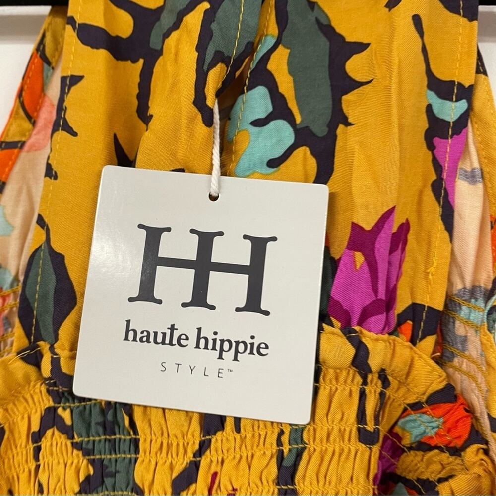 Haute Hippie Mustard Yellow Floral Print Halter Smocked Boho Blouse L Sleeveless - Picture 7 of 13